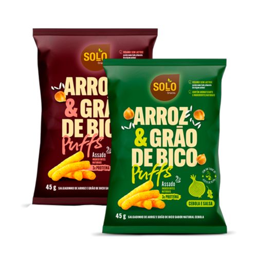 Kit 2 Snacks Puff Arroz e Grão de Bico Solo: Barbecue, Cebola e Salsa
