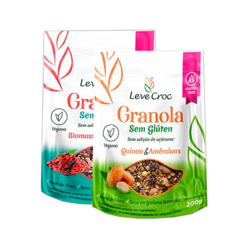 Kit 2 Granolas Zero Açúcar Sem Glúten Leve Croc: Biomassa e Goji Berry, Quinoa e Amêndoa