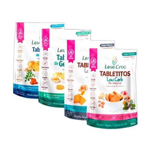 Kit 4 Biscoitos Tabletito Sem Glúten Leve Croc: Chia, Gergelim, Low Carb Original, Low Carb Manjericão Kit 4 Biscoitos Tabletito Sem Glúten Leve Croc: Chia, Gergelim, Low Carb Original, Low Carb Manjericão