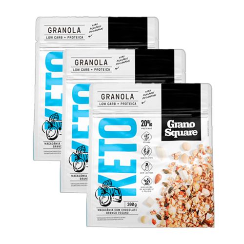 Kit 3X: Granola Keto Macadâmia com Chocolate Branco Sem Glúten GranoSquare 200g
