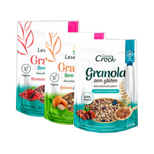 Kit 3 Granolas Zero Açúcar Sem Glúten Leve Croc: Biomassa e Goji Berry, Quinoa e Amêndoa, Aveia