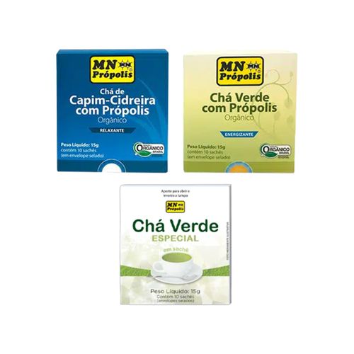 Kit 3 Chás MN Própolis: Capim Cideira, Chá Verde, Chá Verde com Própolis Kit 3 Chás MN Própolis: Capim Cideira, Chá Verde, Chá Verde com Própolis