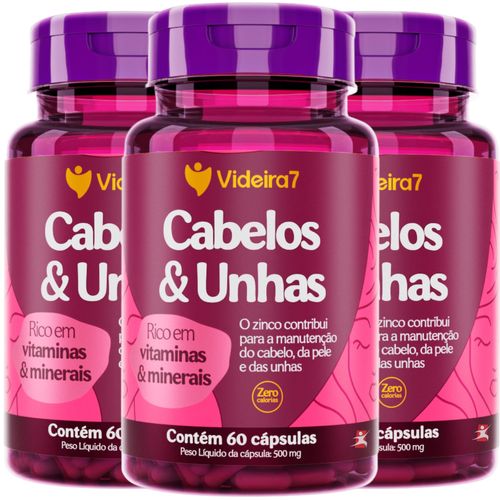 KIT 3 CABELOS E UNHAS RICO EM VITAMINAS E MINERAIS 60 CAPSULAS CADA FRASCO TOTAL: 180 CÁPSULAS – VIDEIRA7