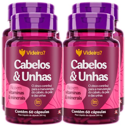 KIT 4 CABELOS E UNHAS RICO EM VITAMINAS E MINERAIS 60 CAPSULAS CADA FRASCO TOTAL: 240 CÁPSULAS – VIDEIRA7