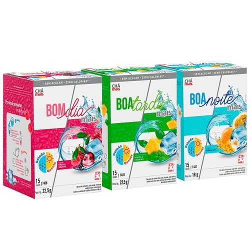 KITS CHÁS INFUSÃO GELADO OU QUENTE - BOM DIA + BOA TARDE + BOA NOITE - 15 SACHÊS DE CADA - CLINICMAIS KITS CHÁS INFUSÃO GELADO OU QUENTE - BOM DIA + BOA TARDE + BOA NOITE - 15 SACHÊS DE CADA - CLINICMAIS