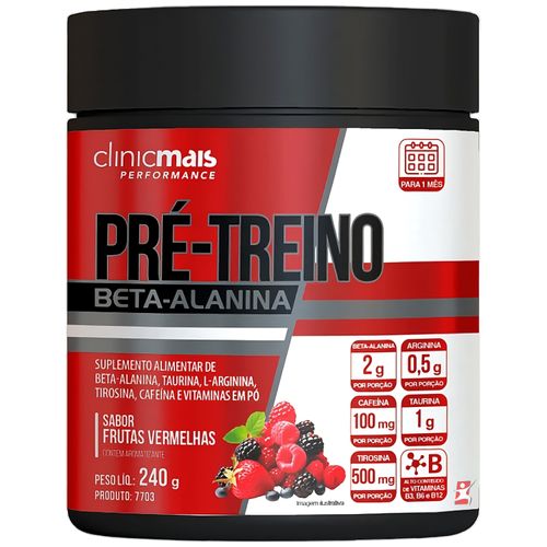 PRE-TREINO - BELA-ALANINA + TAURINA + L-ARGININA + TIROSINA + CAFEÍNA + VITAMINAS FRUTAS VERMELHAS 240G - CLINICMAIS PRE-TREINO - BELA-ALANINA + TAURINA + L-ARGININA + TIROSINA + CAFEÍNA + VITAMINAS FRUTAS VERMELHAS 240G - CLINICMAIS