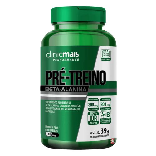 PRE-TREINO BETA-ALANINA + ARGININA + MAGNÉSIO + ZINCO + VIT. B6 + VIT. B3 B3 60 CAPS - CLINICMAIS