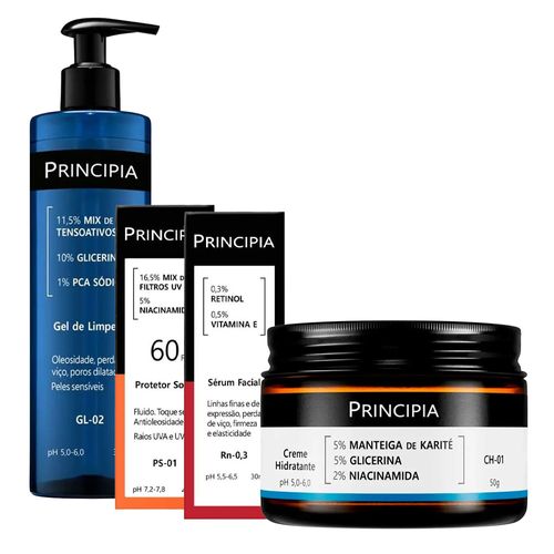 Kit-Principia-Gel-de-Limpeza-GL-02-350g--Hidratante-CH-01-50g--Serum-Rn-03-30ml--Protetor-Solar-FPS-60-PS-01-40ml
