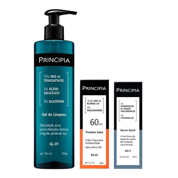 Kit Principia Gel De Limpeza Gl-01 350g + Sérum AH-2 30ml + Protetor Solar FPS 60 PS-01 40ml