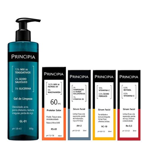 Kit-Principia-Gel-De-Limpeza-Gl-01-350g--Serum-AH-2-30ml--Serum-VC-10-30ml--Serum-Rn-03-30ml--Protetor-Solar-FPS-60-PS-01-40ml