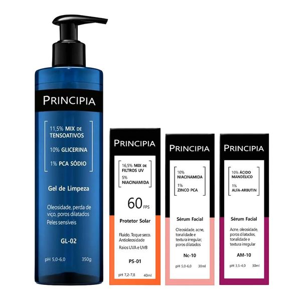 Kit Principia Gel de Limpeza GL-02 350g + Sérum AM-10 30ml + Sérum Nc-10 30ml + Protetor Solar FPS 60 PS-01 40ml