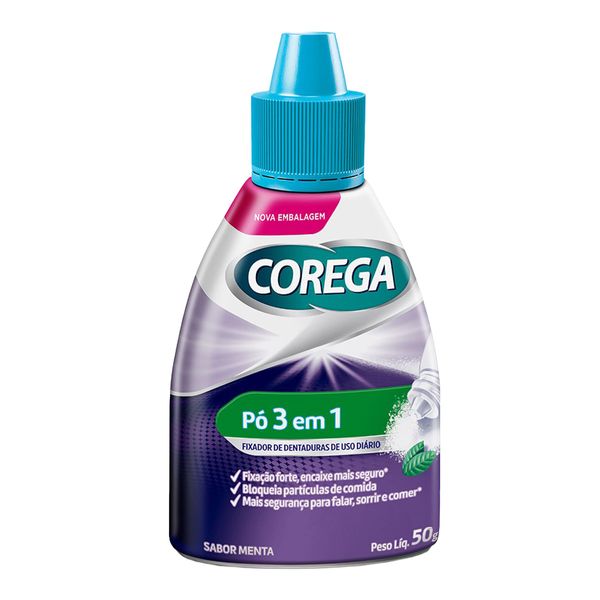 Fixador de Dentadura Corega em Pó 3 em 1 Forte Fixação Sabor Menta 22g