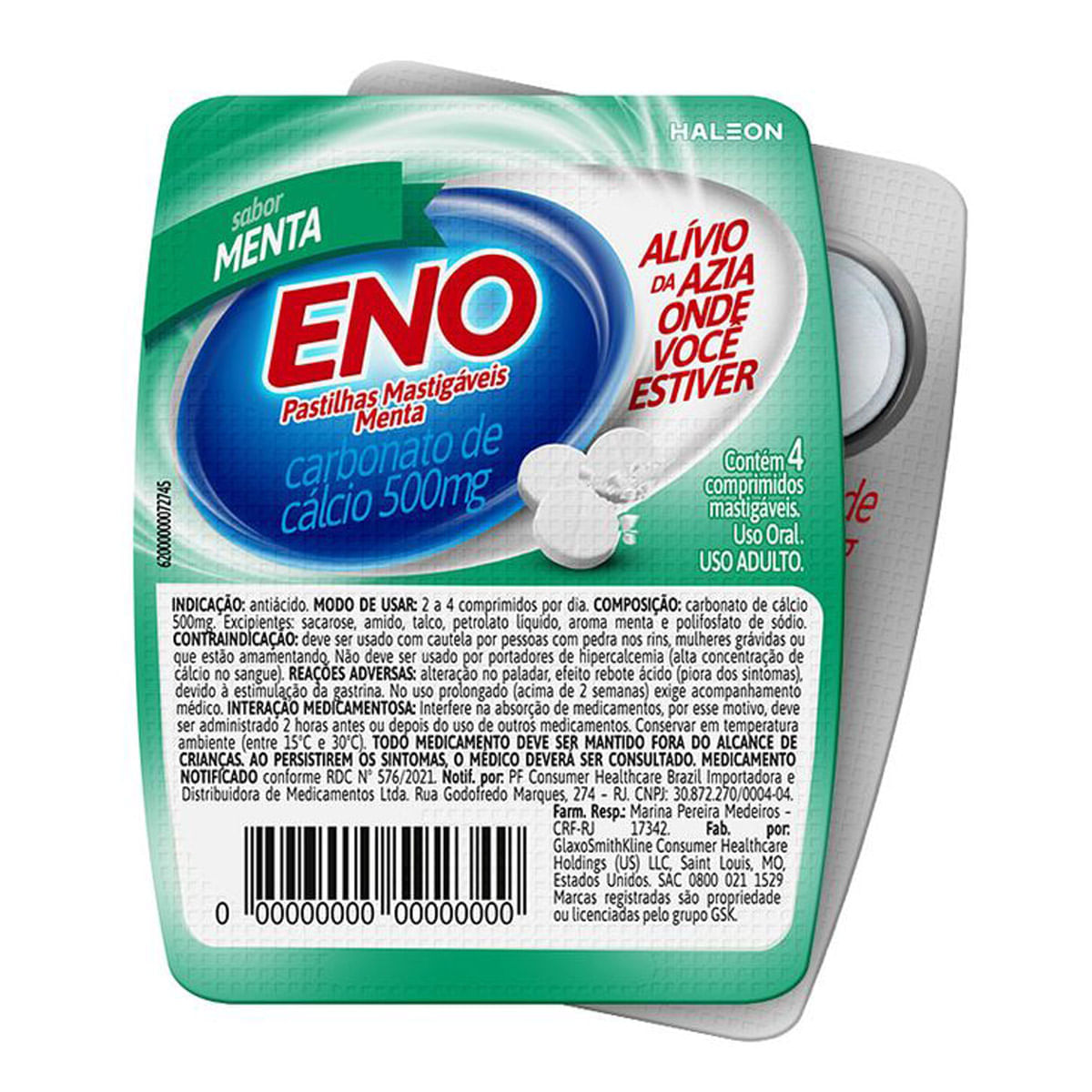 Antiácido Eno Sabor Hortelã 4 Pastilhas Mastigáveis
