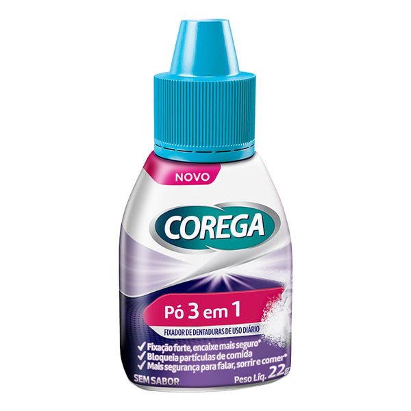 Fixador de Dentadura Corega em Pó 3 em 1 Forte Fixação Sem Sabor 22g
