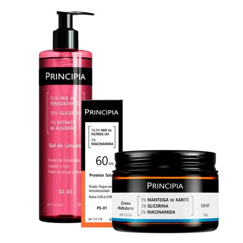 Kit-Principia-Gel-de-Limpeza-GL-03-350ml--Hidratante-CH-01-50g--Protetor-Solar-FPS-60-PS-01-40ml Kit-Principia-Gel-de-Limpeza-GL-03-350ml--Hidratante-CH-01-50g--Protetor-Solar-FPS-60-PS-01-40ml