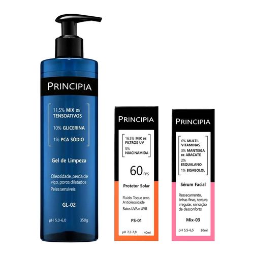 Kit-Principia-Gel-de-Limpeza-GL-02-350g--Serum-MIX-03-30ml--Protetor-Solar-FPS-60-PS-01-40ml