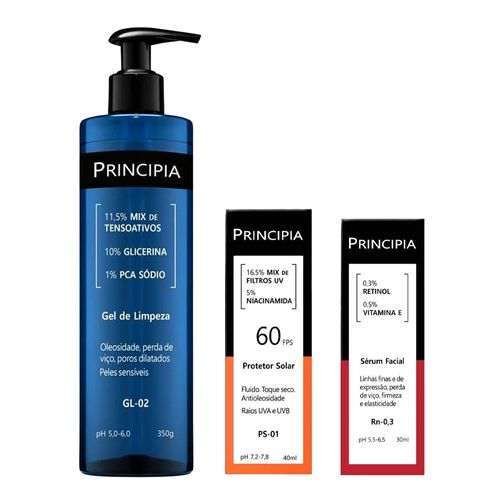 Kit-Principia-Gel-de-Limpeza-GL-02-350g--Serum-Rn-03-30ml--Protetor-Solar-FPS-60-PS-01-40ml