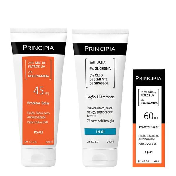 Kit Principia Gel De Limpeza Gl-01 350g + Protetor Solar FPS 60 PS-01 40ml + Hidratante Lh-01 200ml