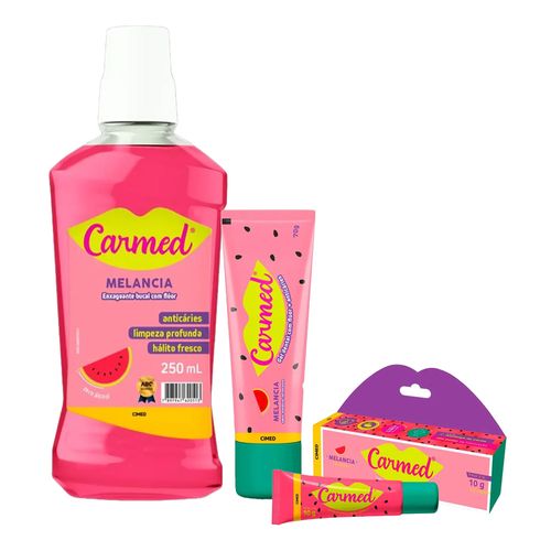 Kit-Carmed-Melancia-Gel-Dental-70g-+-Enxaguante-Bucal-250ml-+-Hidratante-Labial-10g Kit-Carmed-Melancia-Gel-Dental-70g-+-Enxaguante-Bucal-250ml-+-Hidratante-Labial-10g