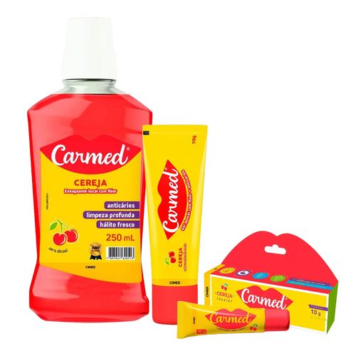 Kit-Carmed-Cereja-Gel-Dental-70g-+-Enxaguante-Bucal-250ml-+-Hidratante-Labial-10g