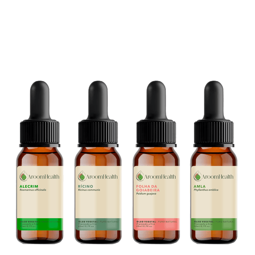Kit de óleos vegetais puro natural – Alecrim, Rícino, Folha da Goiabeira e Amla – 20 ml cada