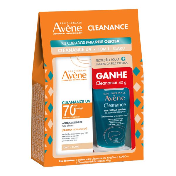 Kit Avène Protetor Solar Facial FPS 70 Antioleosidade Tom 1 Claro + Gel de Limpeza Cleanance 40g Cada