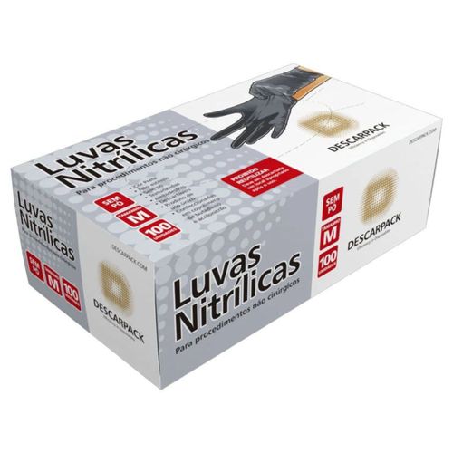 Luva Nitrílica Descartável Descarpack - Preta - Tamanho M - 100 Unidades