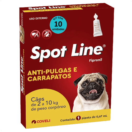 SPOT LINE ANTIPULGAS E CARRAPATOS 0,67ML PARA CÃES DE 2 A 10KG COVELI KIT COM 10