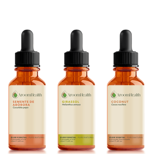 Kit de óleos vegetais puro natural – Coconut, Girassol e Semente de Abóbora – 30 ml cada Kit de óleos vegetais puro natural – Coconut, Girassol e Semente de Abóbora – 30 ml cada