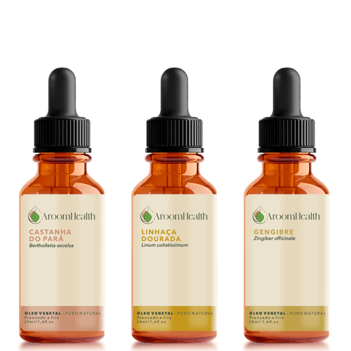 Kit de óleos vegetais puro natural – Castanha do Pará, Linhaça Dourada  e Gengibre – 30 ml cada