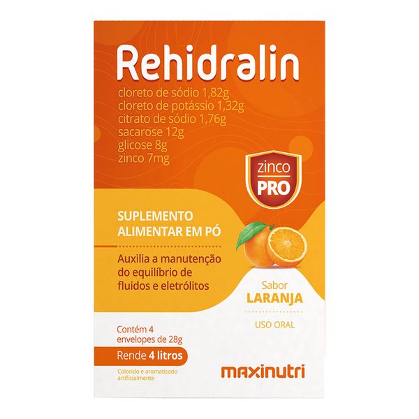 Suplemento Alimentar Rehidralin Sabor Laranja 4 Envelopes de 28g
