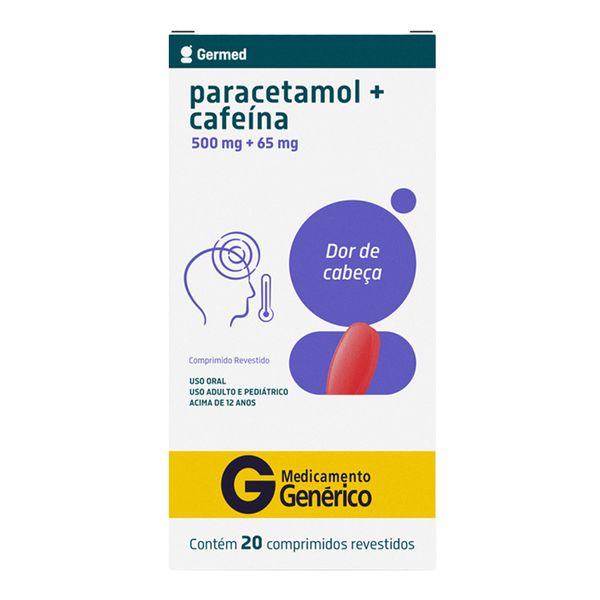 Analgésico e Antitérmico Paracetamol 500mg + Cafeína 65mg Genérico Germed Pharma 20 Comprimidos