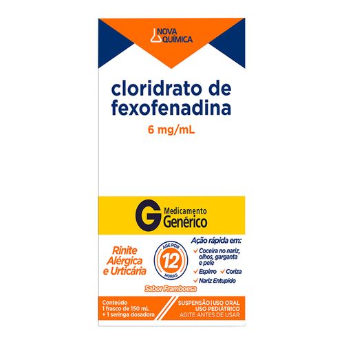 Antialérgico Cloridrato De Fexofenadina 6Mg/Ml Genérico Nova Química Framboesa 150Ml Suspenção Oral + Seringa Dosadora