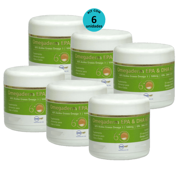 Omegaderm EPA & DHA 60 Suplemento P/ Cães e Gatos 500mg C/ 30 cáp. Inovet Kit com 6