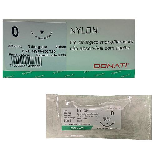 Fio Sutura Donati Nylon Monofilamento 0 Agulha 20mm 3/8 - unidade Fio Sutura Donati Nylon Monofilamento 0 Agulha 20mm 3/8 - unidade