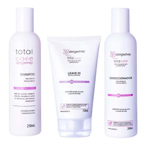 KIT Shampoo 250ml + Condicionador 200ML + Leave In Hipoalergênico Total Care Alergoshop 150ml Branco KIT Shampoo 250ml + Condicionador 200ML + Leave In Hipoalergênico Total Care Alergoshop 150ml Branco