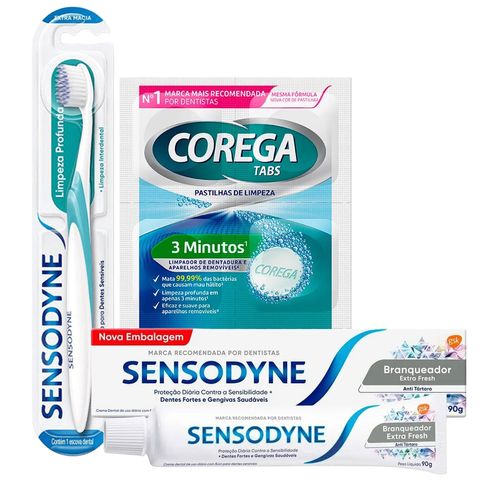 Kit-Sensodyne-Pasta-de-Dente-Branqueador-90g---Escova-Limpeza-Profunda---Corega-Tabs-3-Minutos-6-Pastilhas