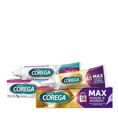 Kit-Corega-Creme-Sem-Sabor-70g---Corega-Creme-Max-Fixacao-Bloqueio-40g Kit-Corega-Creme-Sem-Sabor-70g---Corega-Creme-Max-Fixacao-Bloqueio-40g