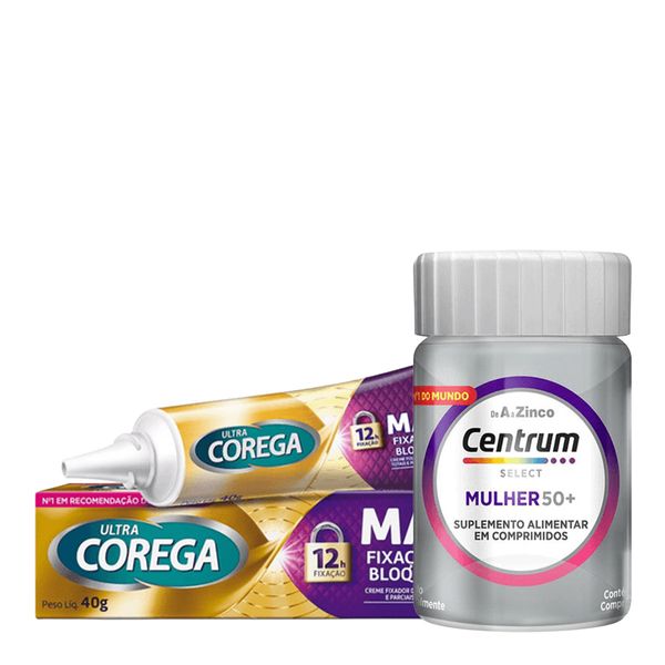 Kit Ultra Corega Creme Max Fixação Bloqueio 40g + Centrum Select Mulher 50+ 30 Comprimidos