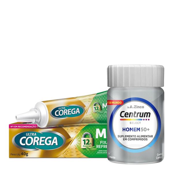 Kit Ultra Corega Creme Max Fixação Menta 40g + Centrum Select Homem 50+ 30 Comprimidos