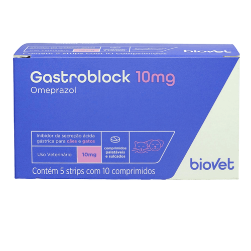 GastroBlock Omeprazol P/ Cães e Gatos 10mg CX C/ 5 Strips C/ 10 comp. cada Biovet GastroBlock Omeprazol P/ Cães e Gatos 10mg CX C/ 5 Strips C/ 10 comp. cada Biovet