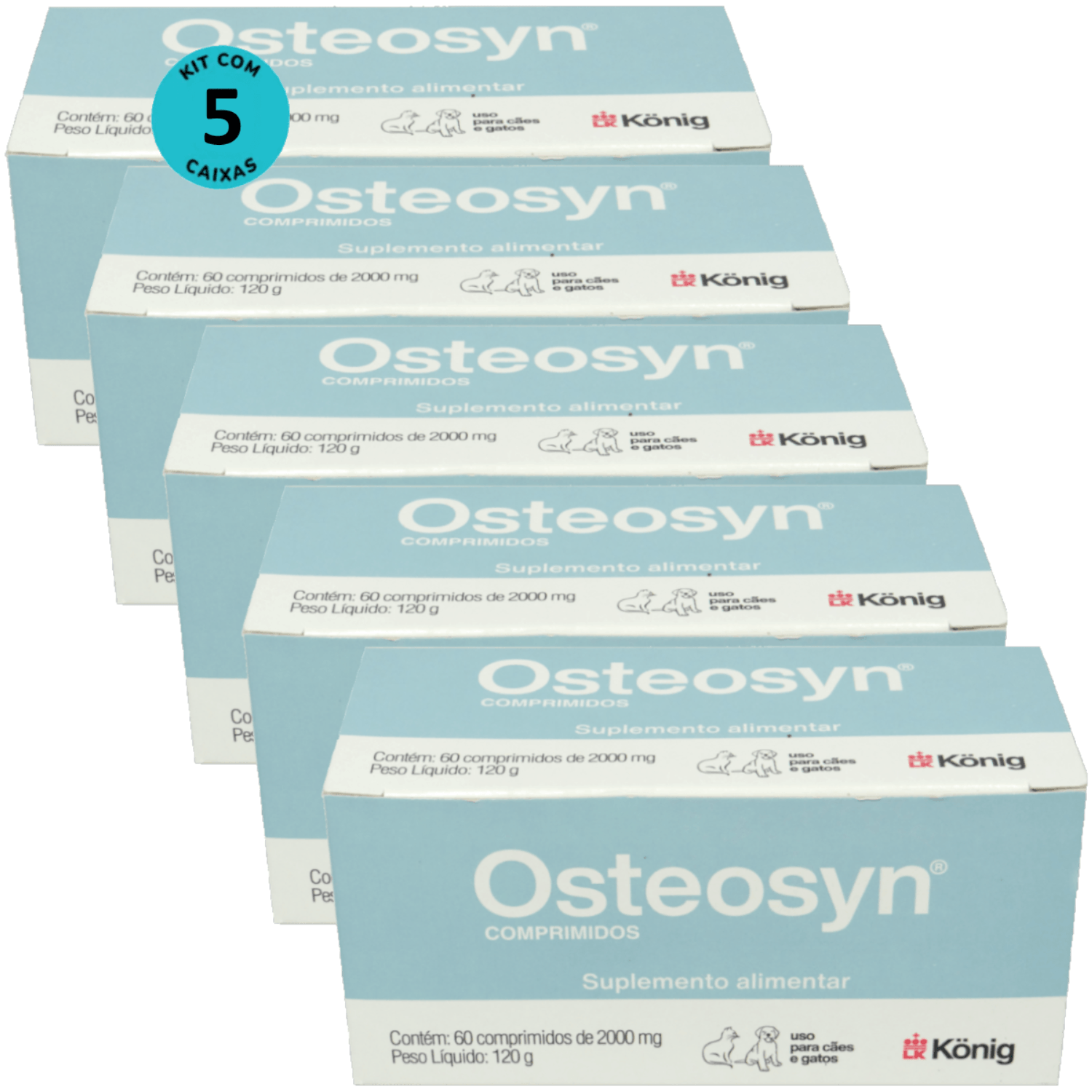Osteosyn 2000mg Com 60 Comprimidos Para Cães e Gatos Raças Grandes Kit C/ 5