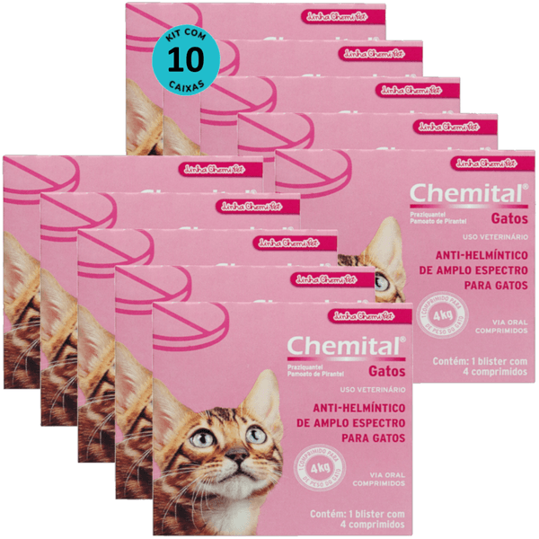 Chemital Com 4 Comprimidos Chemitec Vermífugo Para Gatos Kit Com 10 Cx