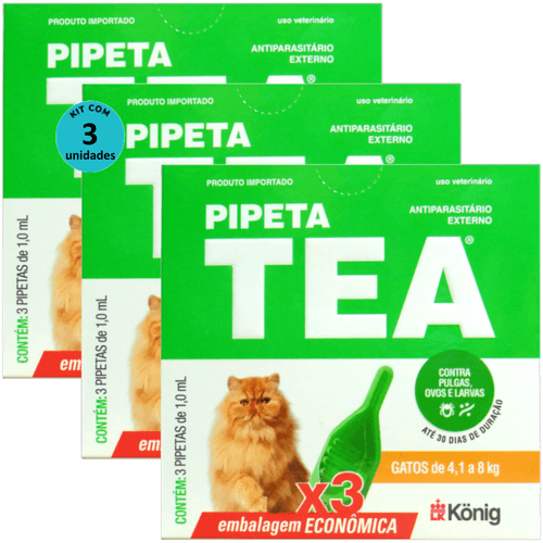 Pipeta Tea 1,0 ml Antiparasitário Contra Pulgas P/ Gatos de 4,1 até 8 Kg C/ 3 unid. Kit C/ 3 Cxs Pipeta Tea 1,0 ml Antiparasitário Contra Pulgas P/ Gatos de 4,1 até 8 Kg C/ 3 unid. Kit C/ 3 Cxs