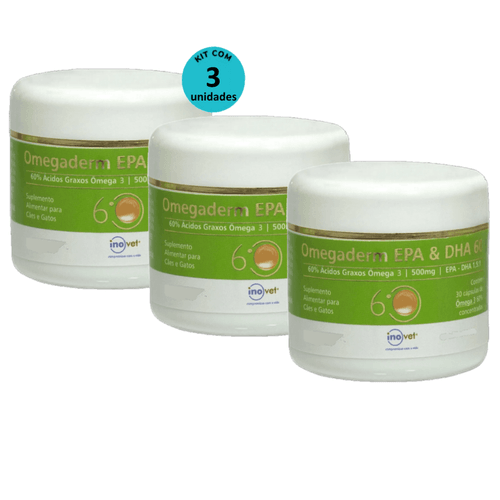 Omegaderm EPA & DHA 60 Suplemento P/ Cães e Gatos 500mg C/ 30 cáp. Inovet Kit com 3