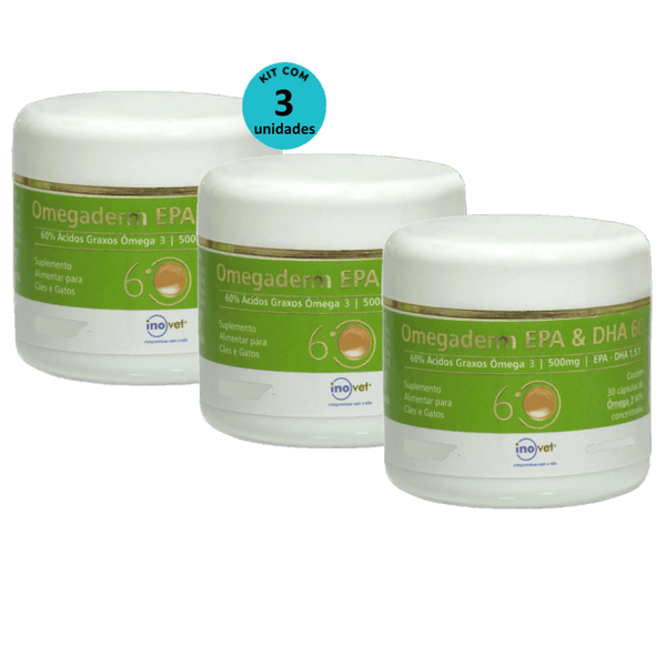 Omegaderm EPA & DHA 60 Suplemento P/ Cães e Gatos 500mg C/ 30 cáp. Inovet Kit com 3