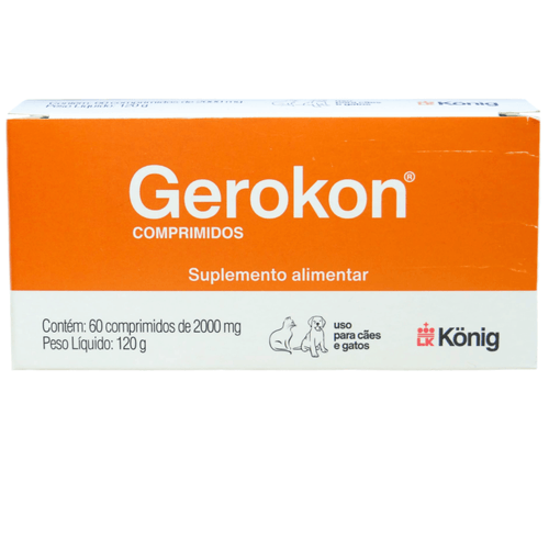 Suplemento Alimentar Gerokon 2000mg C/ 60 Comp. para Cães e Gatos - König Suplemento Alimentar Gerokon 2000mg C/ 60 Comp. para Cães e Gatos - König