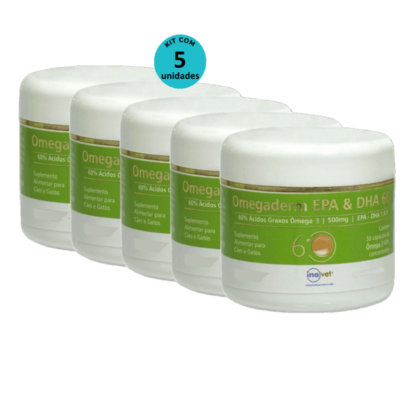 Omegaderm EPA & DHA 60 Suplemento P/ Cães e Gatos 500mg C/ 30 cáp. Inovet Kit com 5