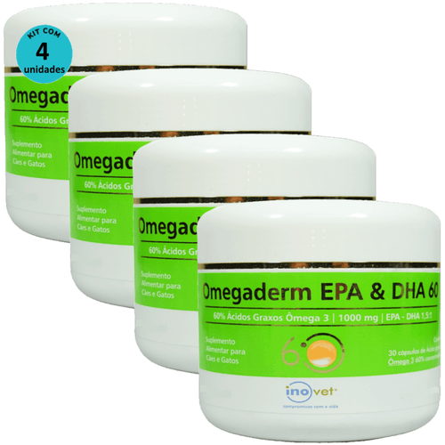 Omegaderm EPA & DHA 60 Suplemento Cães e Gatos 1000mg C/ 30 Cápsulas Kit Com 4