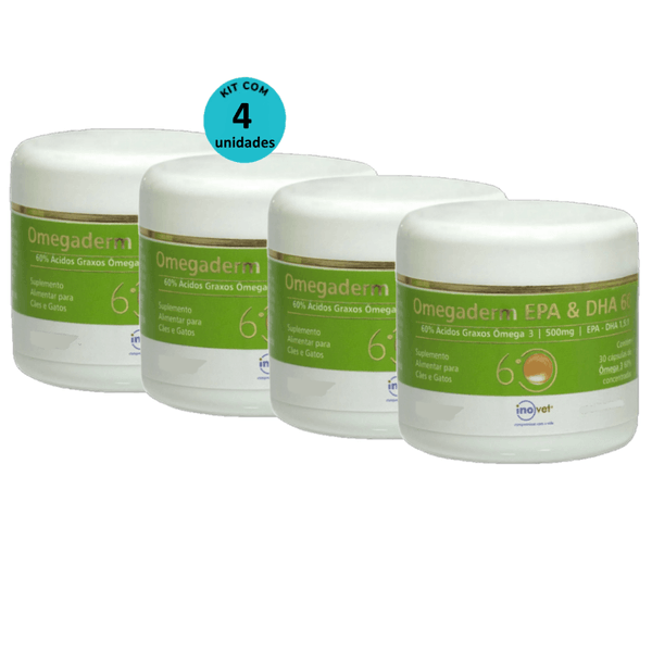 Omegaderm EPA & DHA 60 Suplemento P/ Cães e Gatos 500mg C/ 30 cáp. Inovet Kit com 4